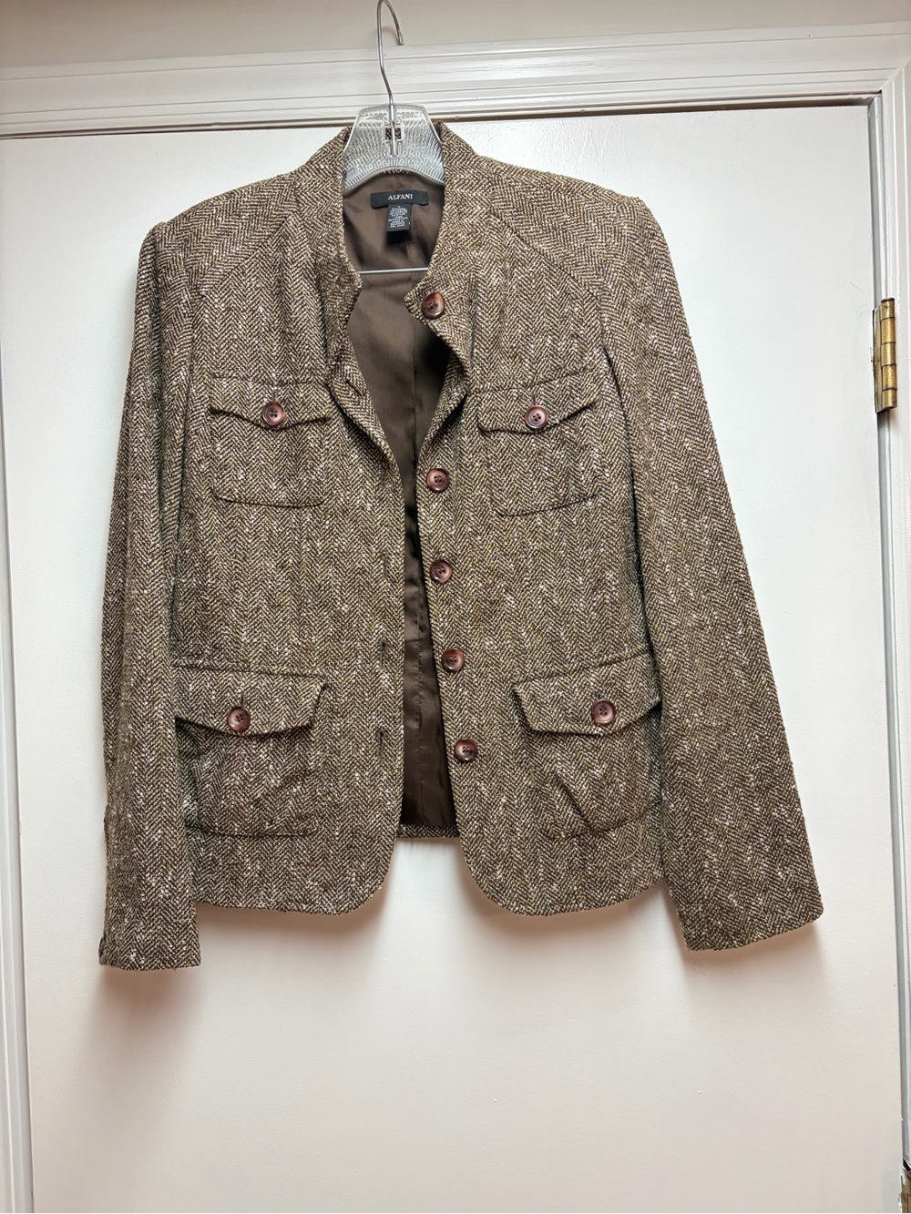 Alfani Brown Tweed Military-Style Button Jacket